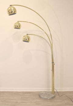 MCM Marble Base Brass 3 Light Arc Floor Lamp, Adjustable