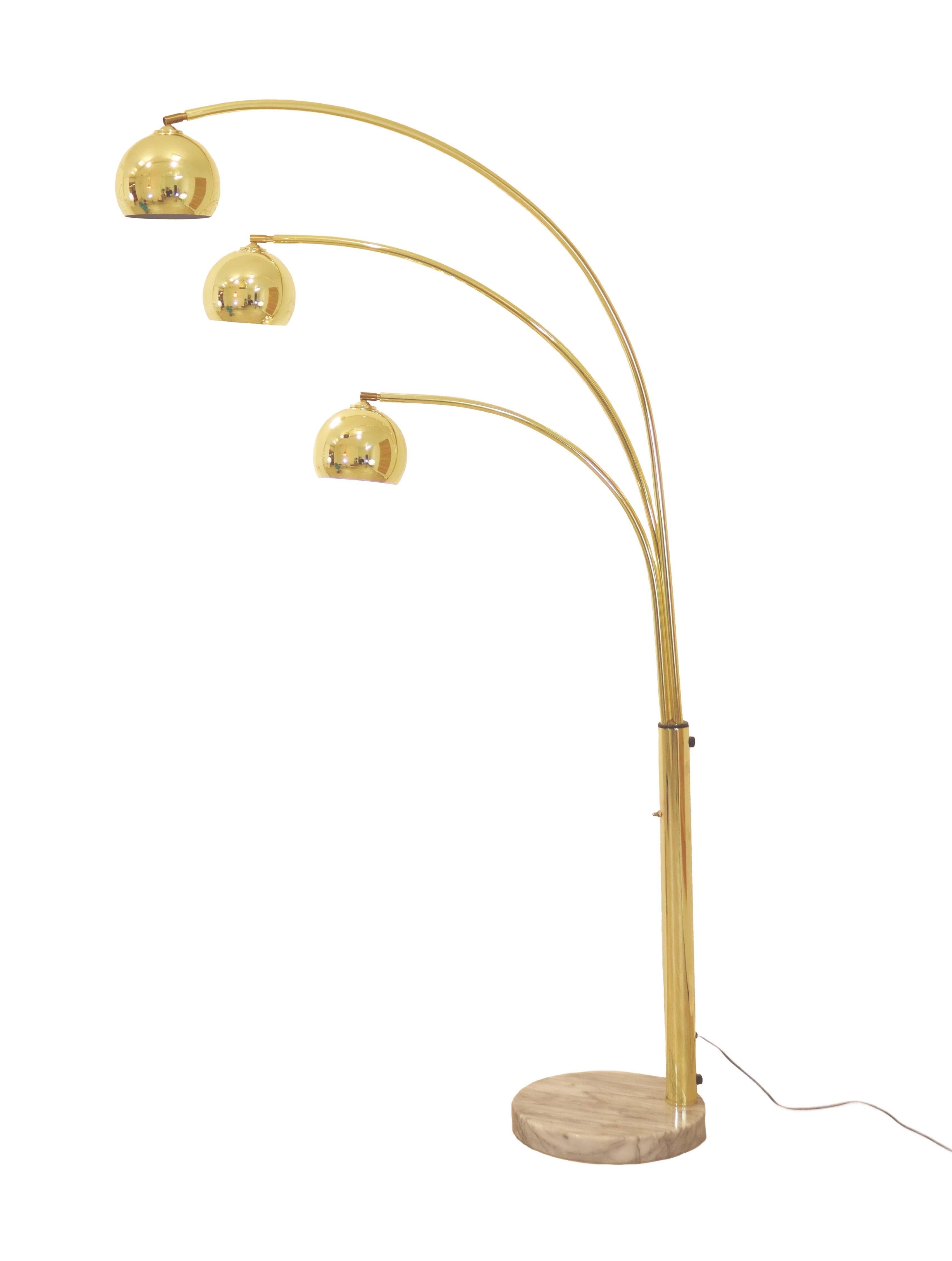 Mid-Century Modern MCM Marble Base Brass 3 Light Arc Floor Lamp, Adjustable