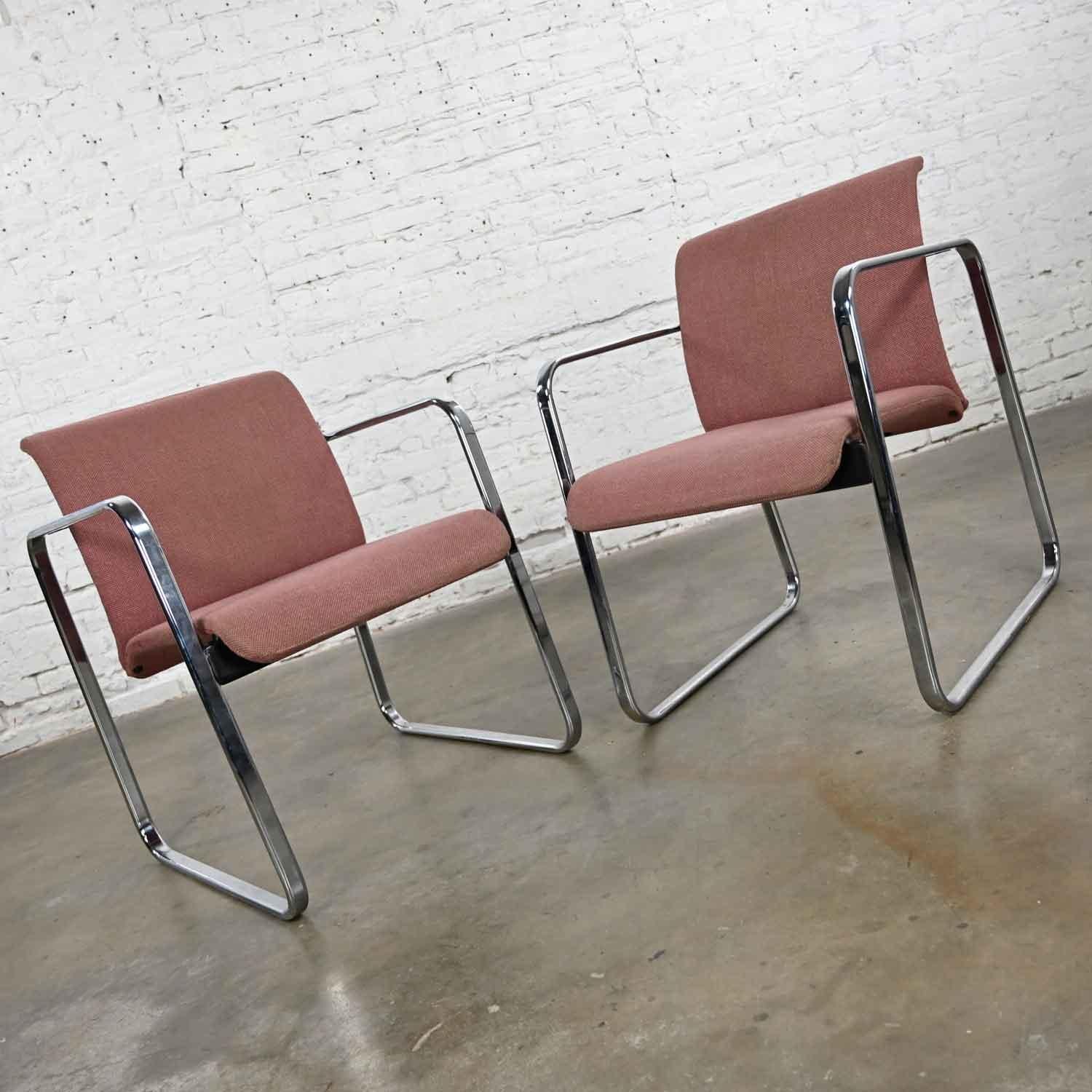 Awesome vintage Mid-Century Modern original mauve hopsacking & chrome tubular pair of chairs by Peter Protzman for Herman Miller. Beautiful condition, keeping in mind that these are vintage and not new so will have signs of use and wear. They have