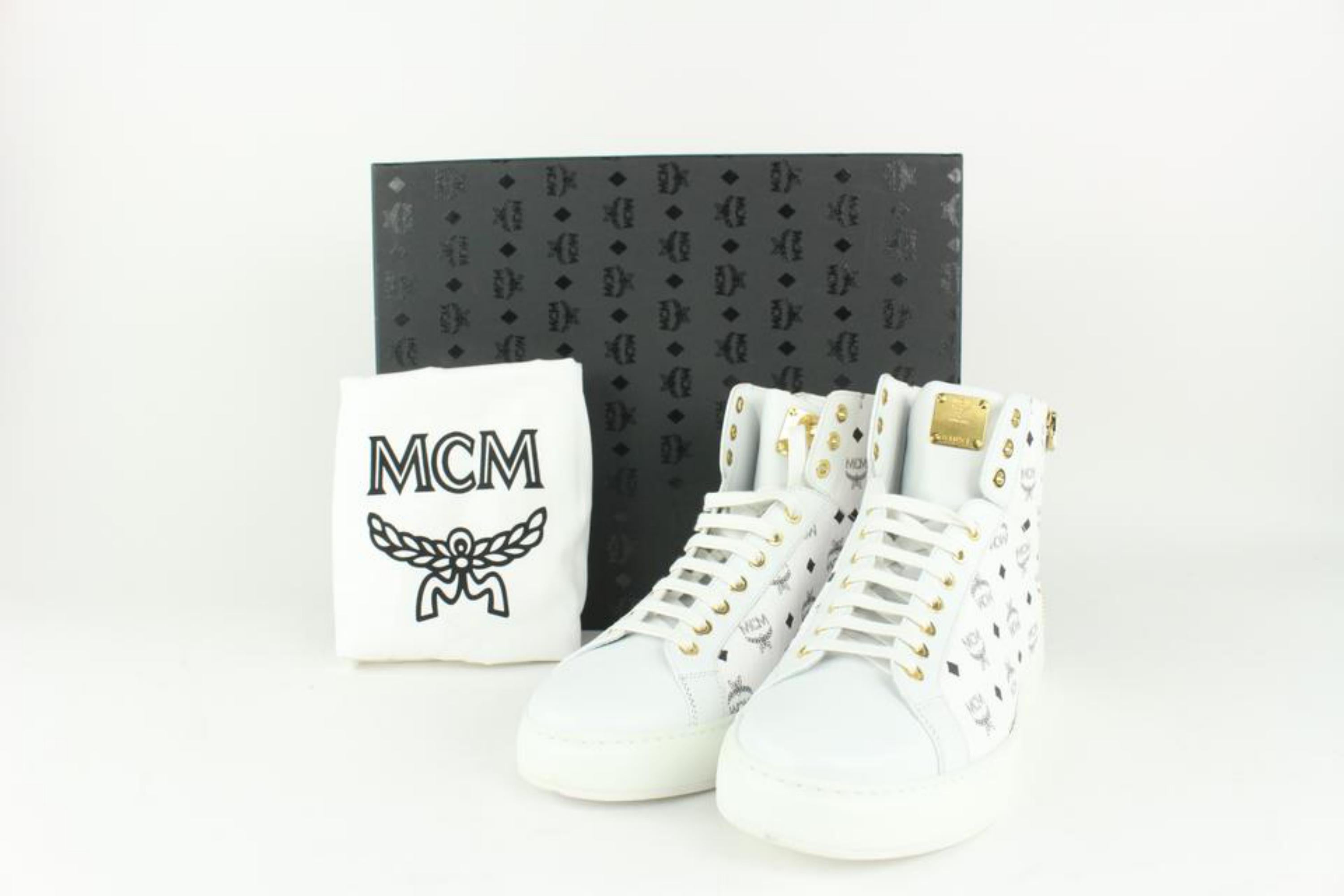 MCM Mens 43 White Monogram Visetos Classic High Top Sneaker 1020m55 For Sale 3