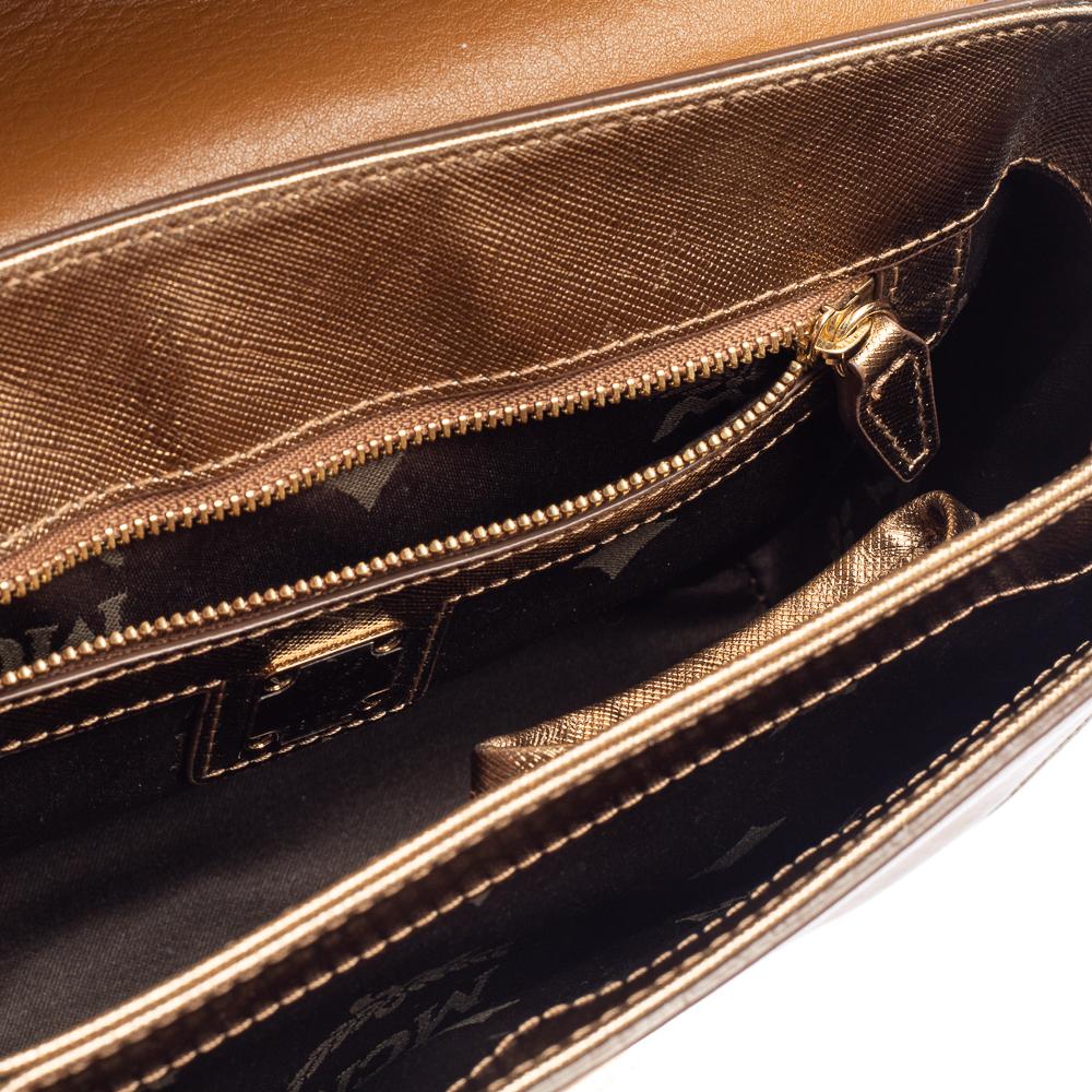 Brown MCM Metallic Gold Leather Flap Top Handle Bag