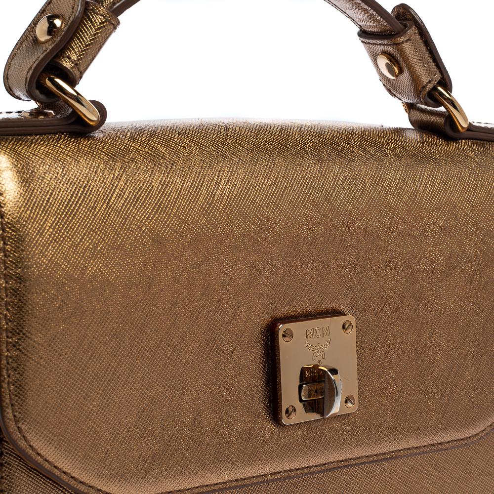 Women's MCM Metallic Gold Leather Flap Top Handle Bag