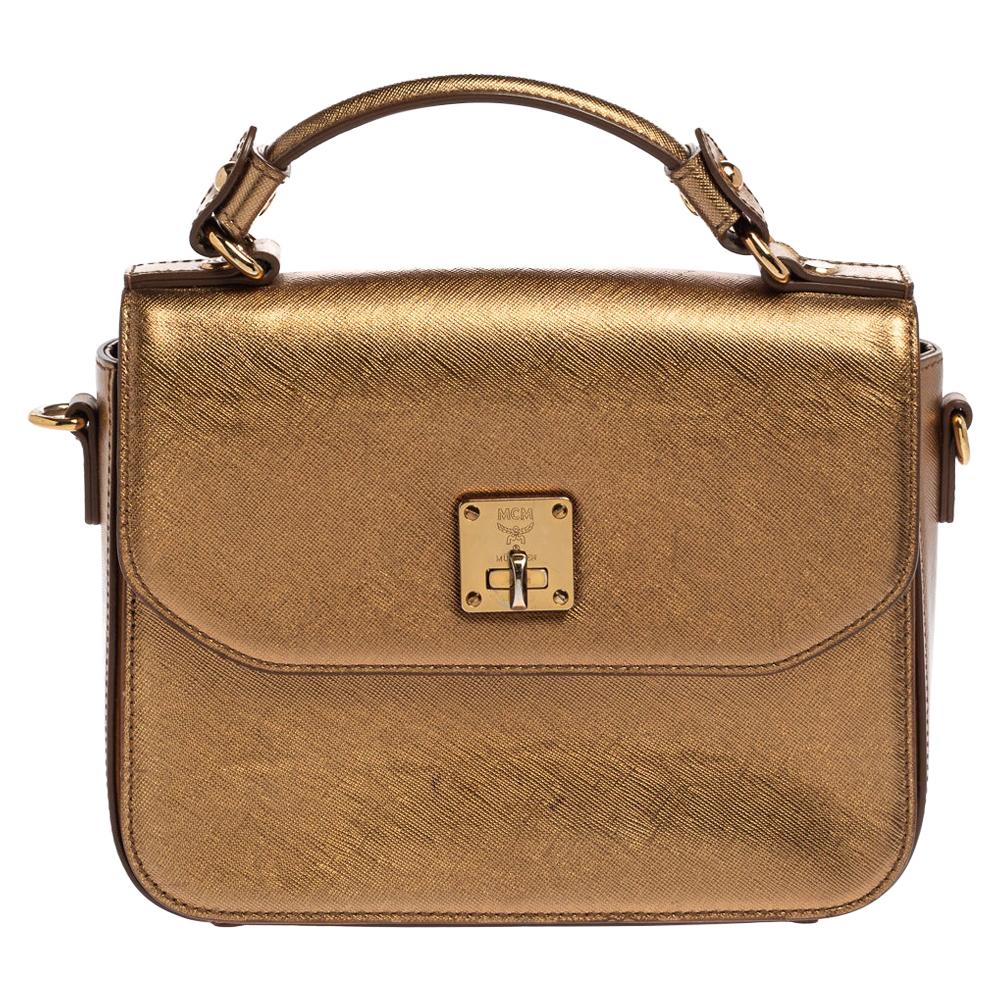 MCM Metallic Gold Leather Flap Top Handle Bag