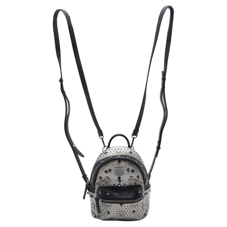 MCM Metallic Grey Coated Canvas Mini Visetos Stark Studded Backpack For