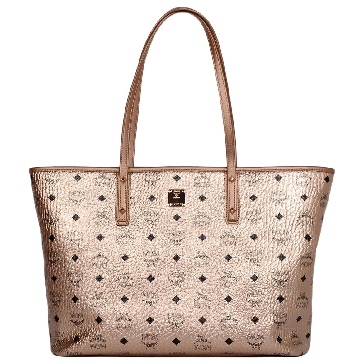 MCM Metallic Pink Monogram Visetos Medium Anya Zip Top Shopper Tote Bag