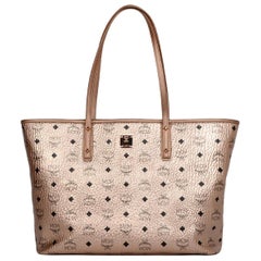 MCM Metallic Pink Monogram Visetos Medium Anya Zip Top Shopper Tote Bag