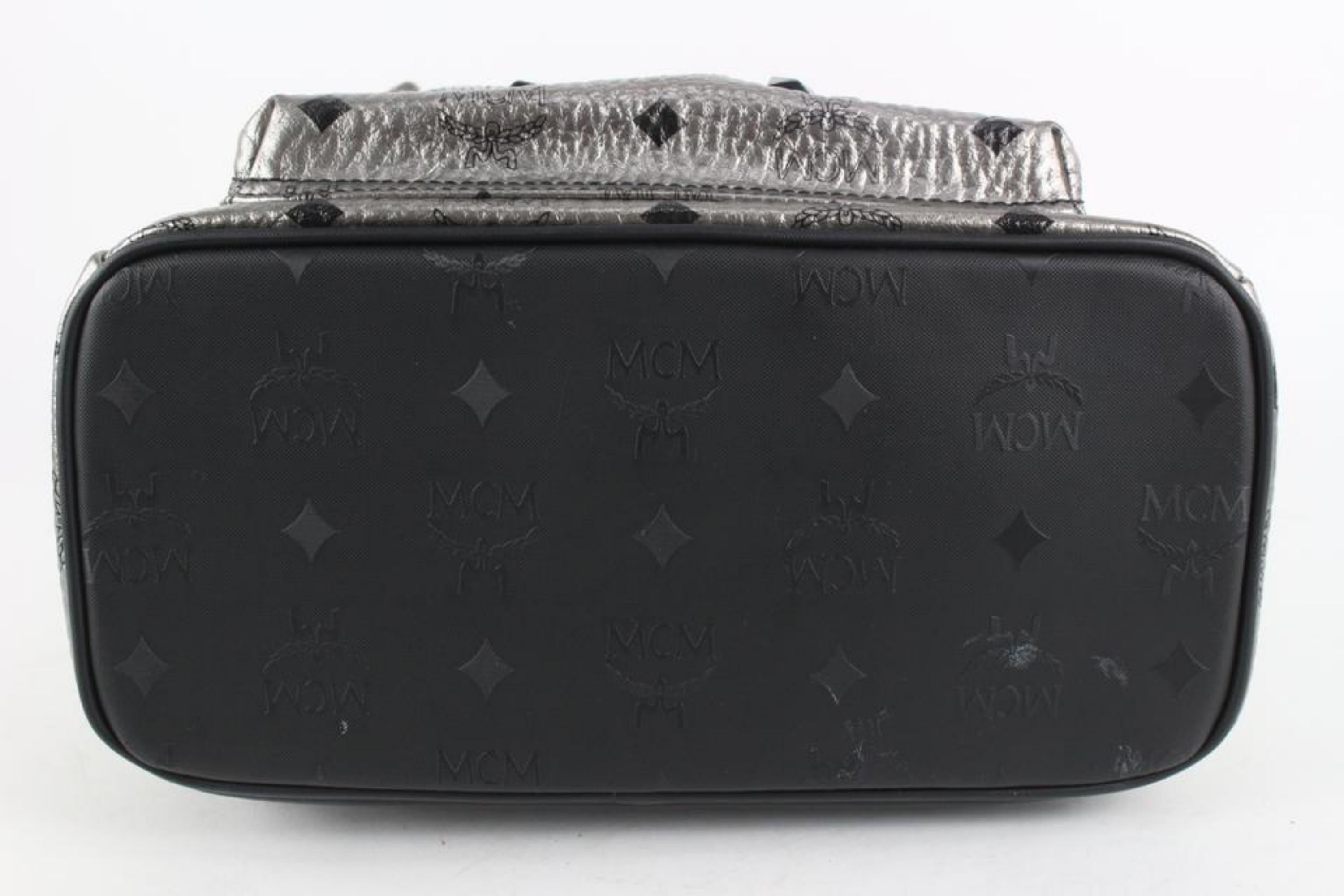MCM Metallic Silver Monogram Visetos Studded Small Stark Stud Backpa 115m19 In Good Condition For Sale In Dix hills, NY