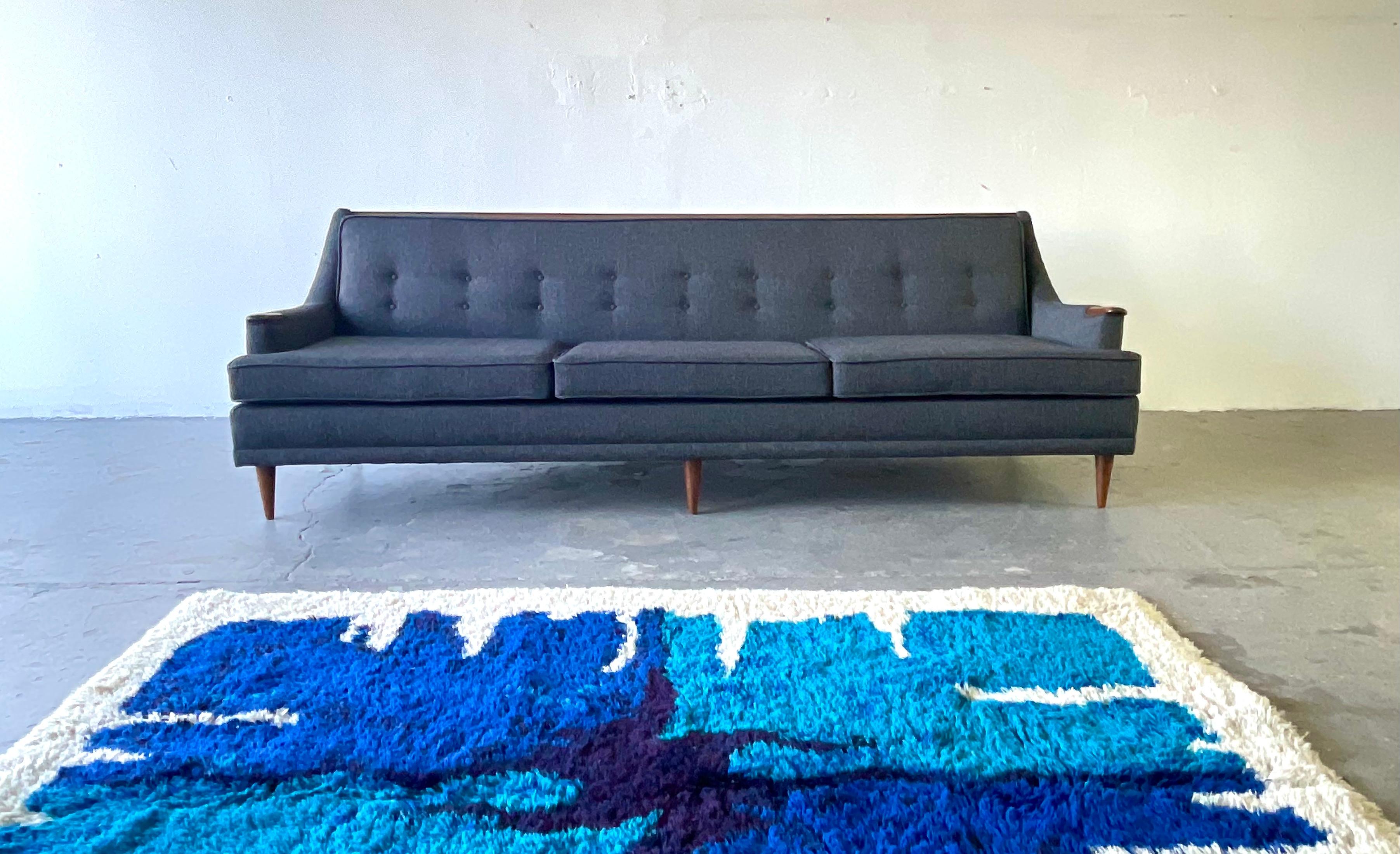 American MCM Mid-Century Modern Kroehler Sofa Walnut New Charcoal Gray Tweed Upholstery For Sale