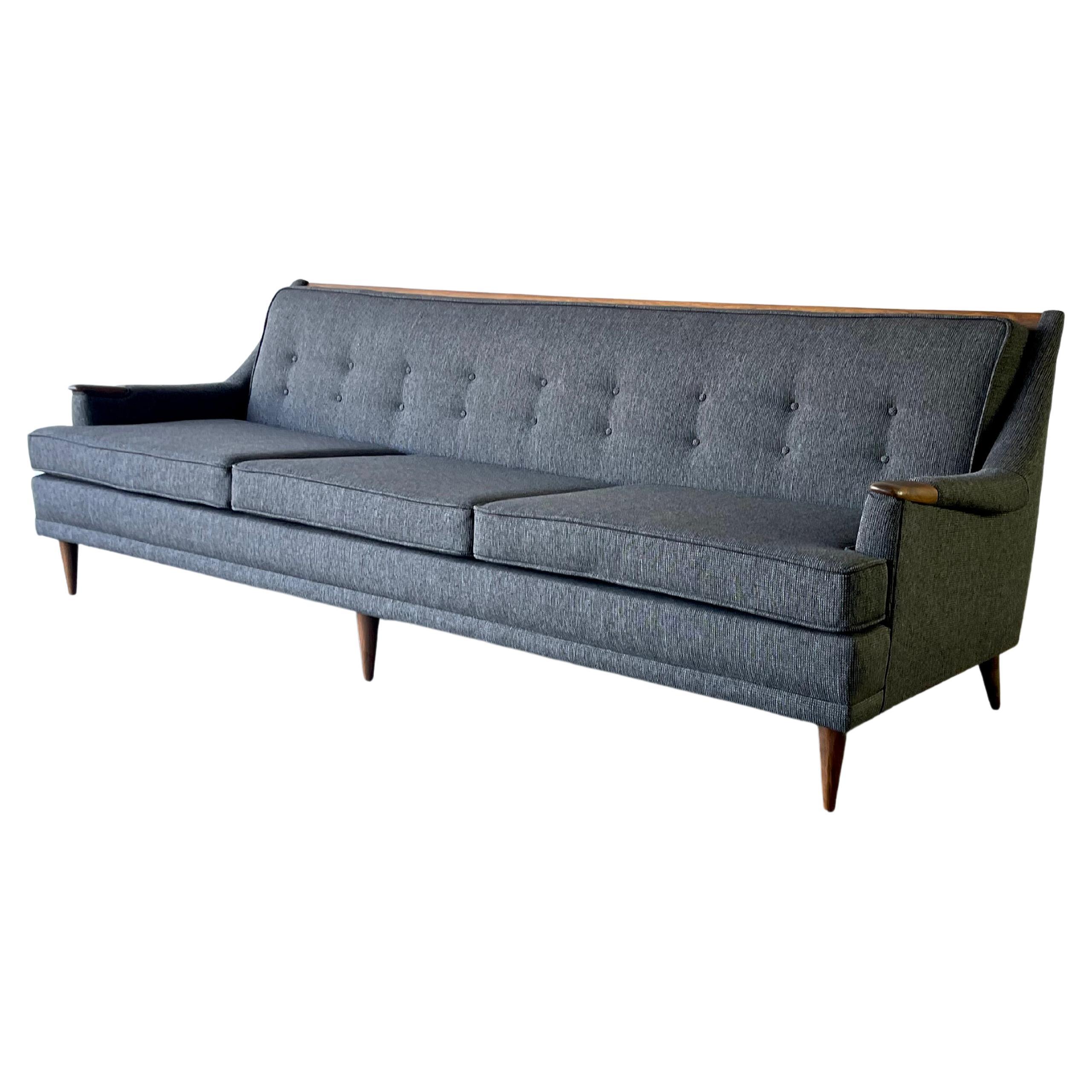 MCM Mid-Century Modern Kroehler Sofa Walnut New Charcoal Gray Tweed Upholstery