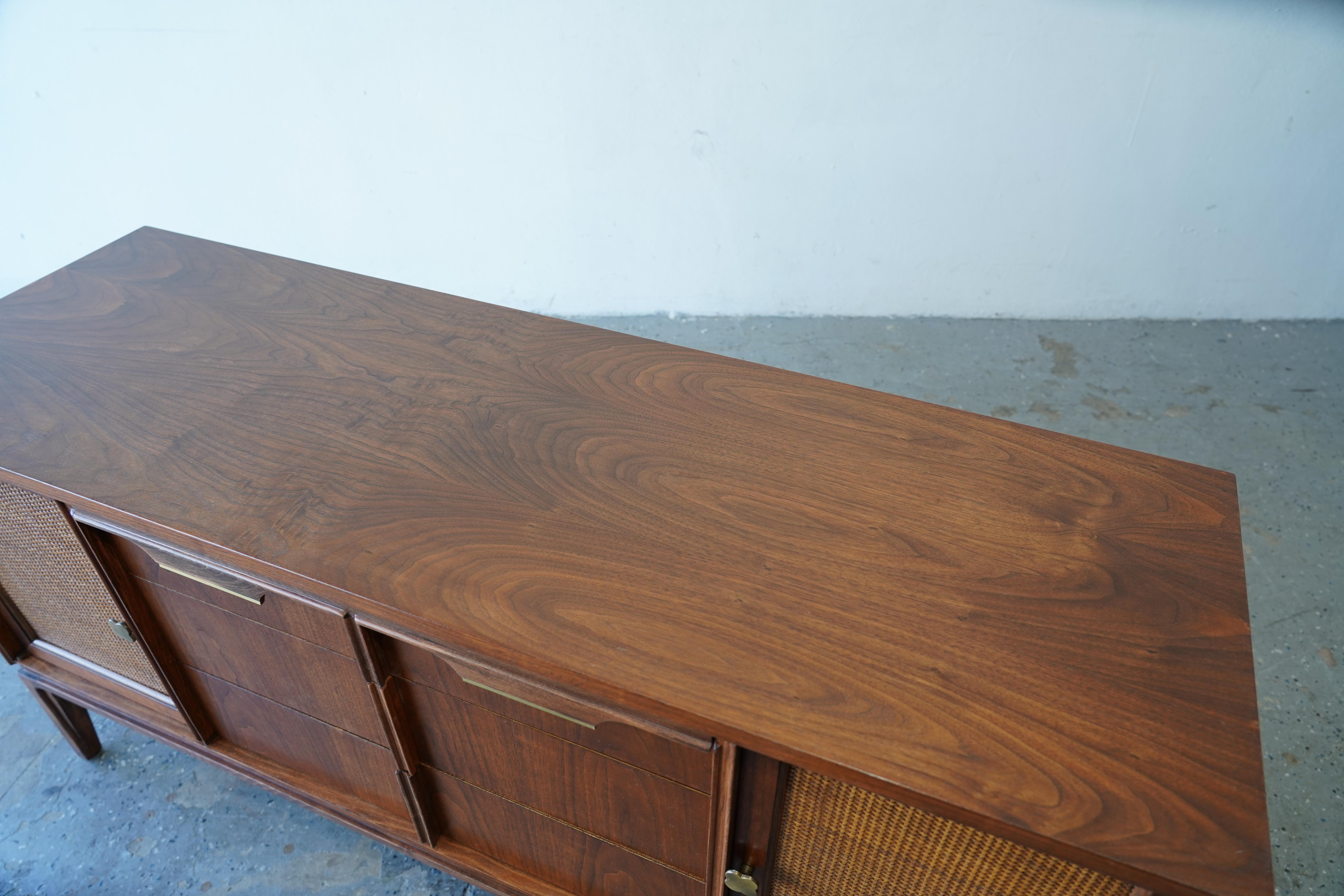 MCM Mid Century Modern Walnut Cane Front Media Console Credenza by Basic Witz In Good Condition In Las Vegas, NV