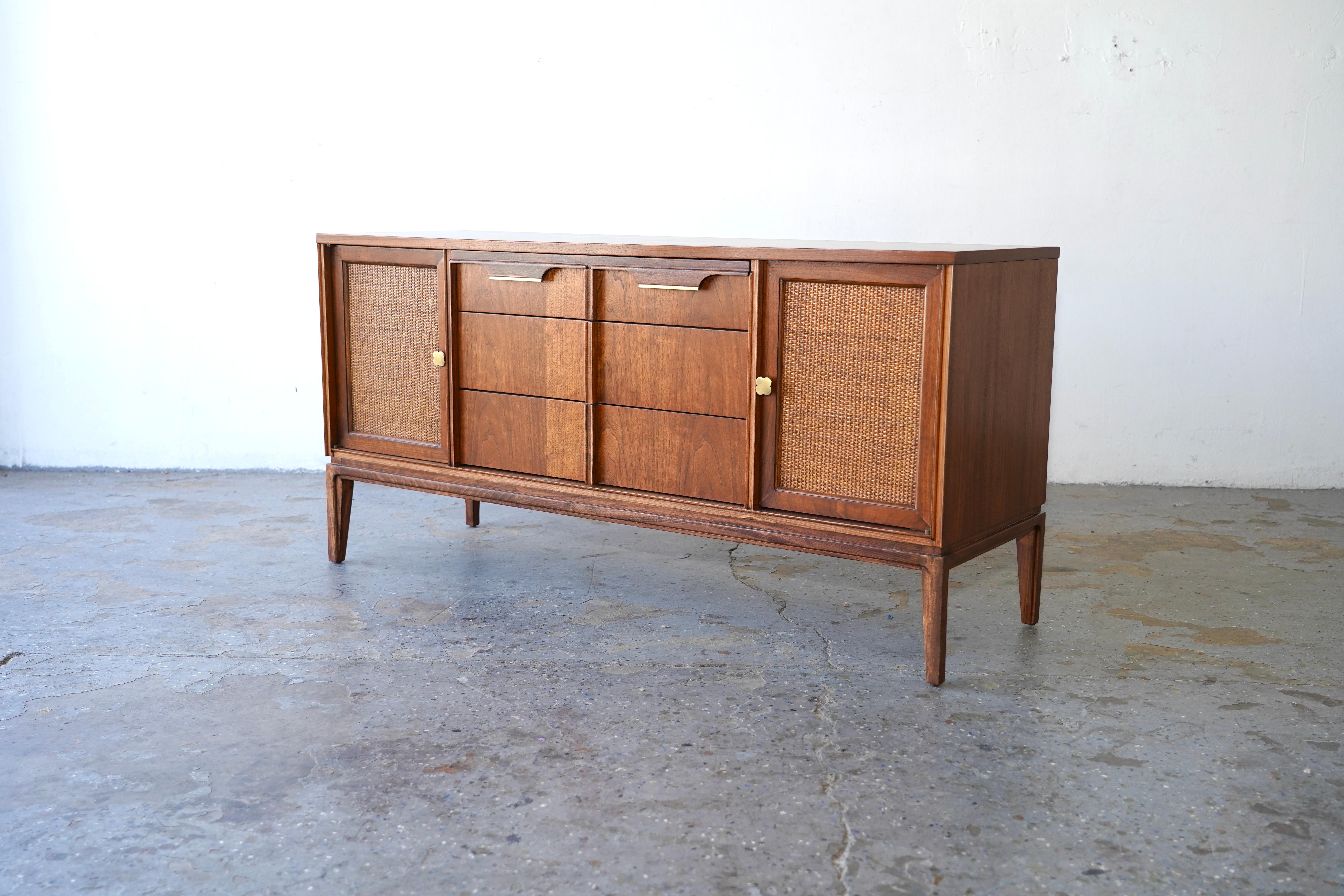Mid-20th Century MCM Mid Century Modern Walnut Cane Front Media Console Credenza by Basic Witz