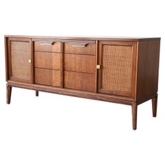MCM Mid Century Modern Walnut Cane Front Media Console Credenza by Basic Witz