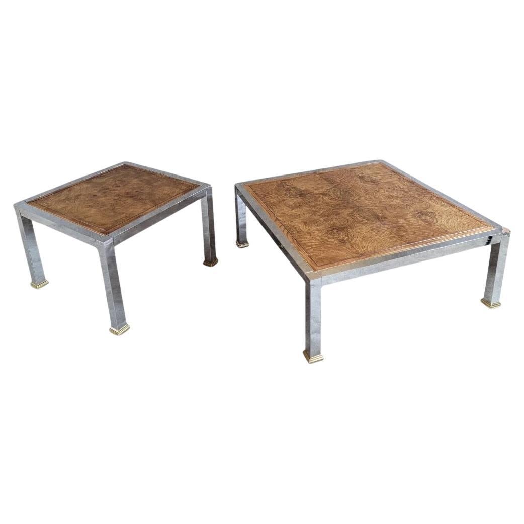 MCM Milo Baughman, Couchtisch und Beistelltisch-Set aus gemasertem Olivenholz, von Rowe, 2er-Set