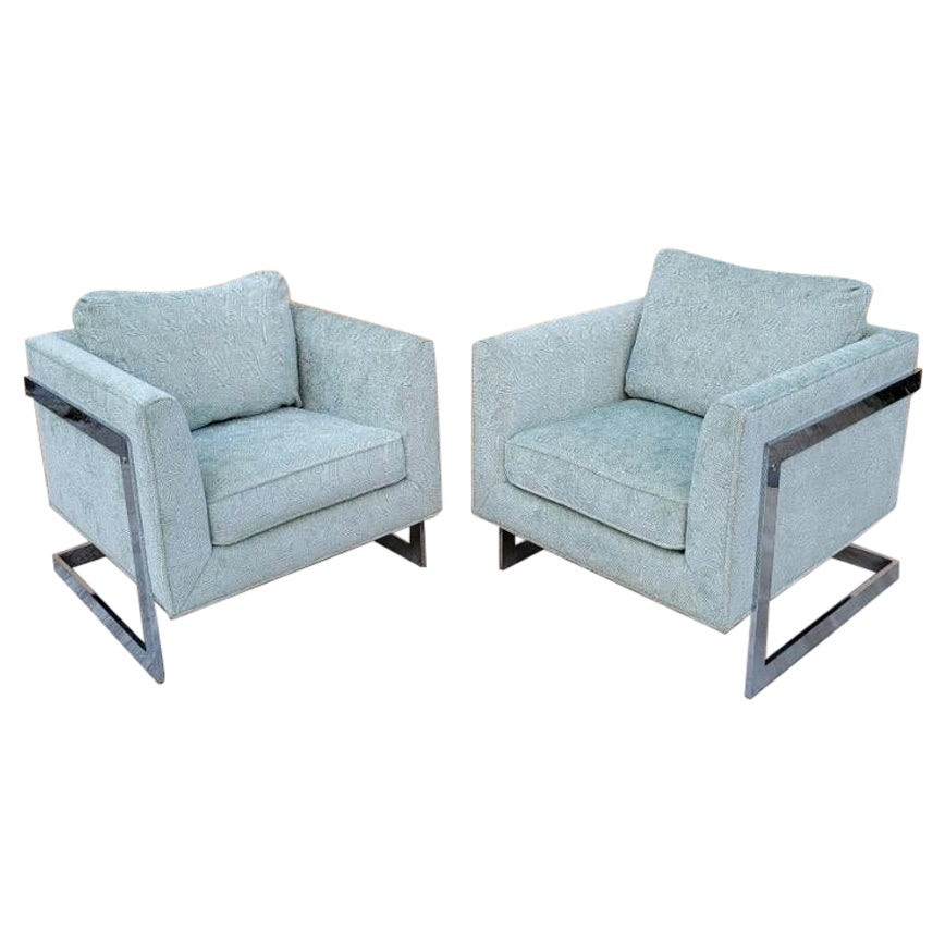 MCM Milo Baughman Chrome Flat Bar Floating Cube Lounges, Pair