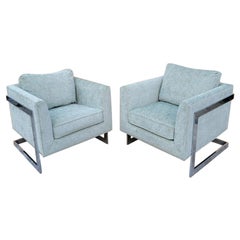 MCM Milo Baughman Chrome Flat Bar Floating Cube Lounges, Pair