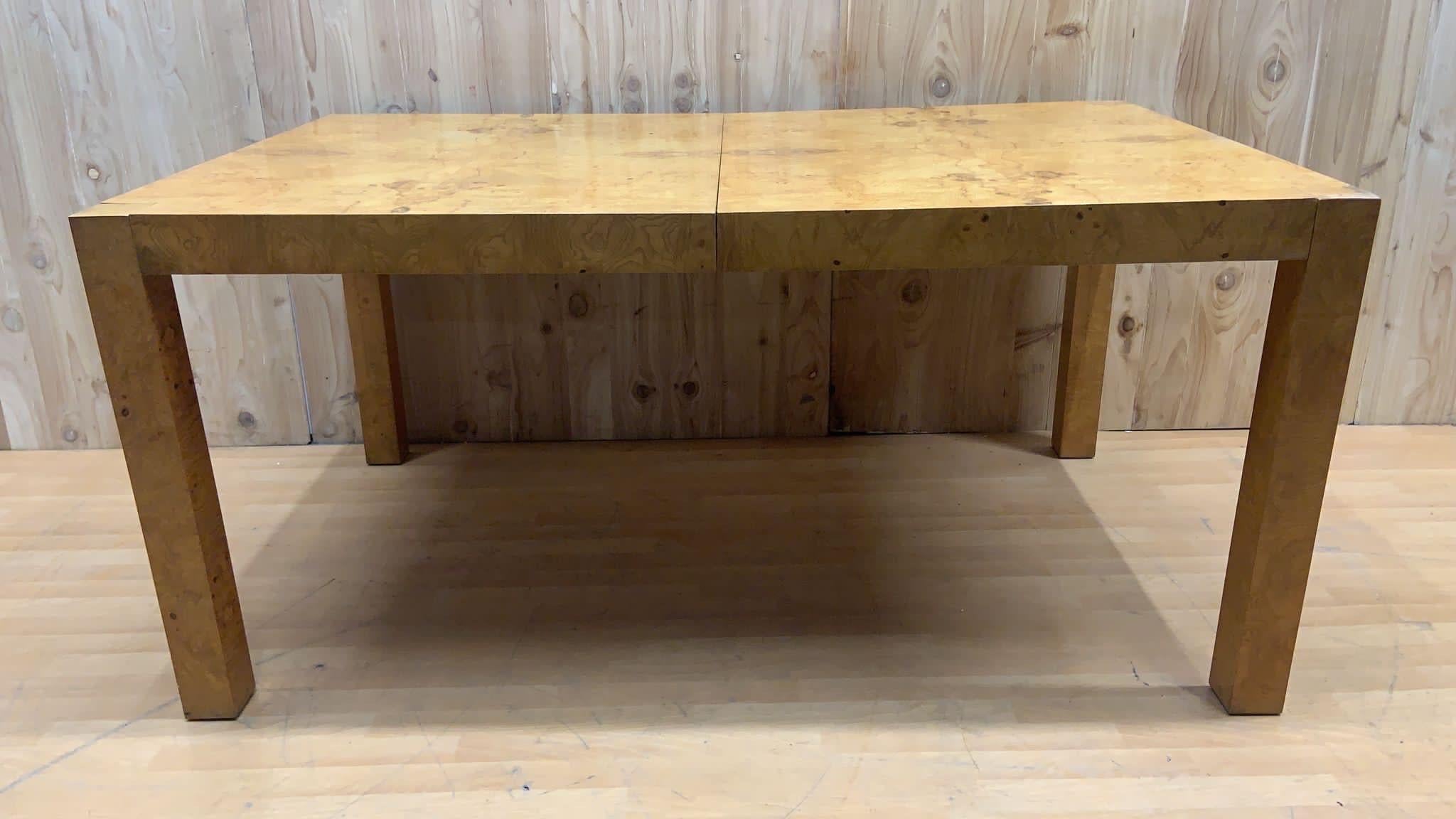Hand-Crafted MCM Milo Baughman for Lane Furniture Burl-Wood Extending Parsons Dining Table