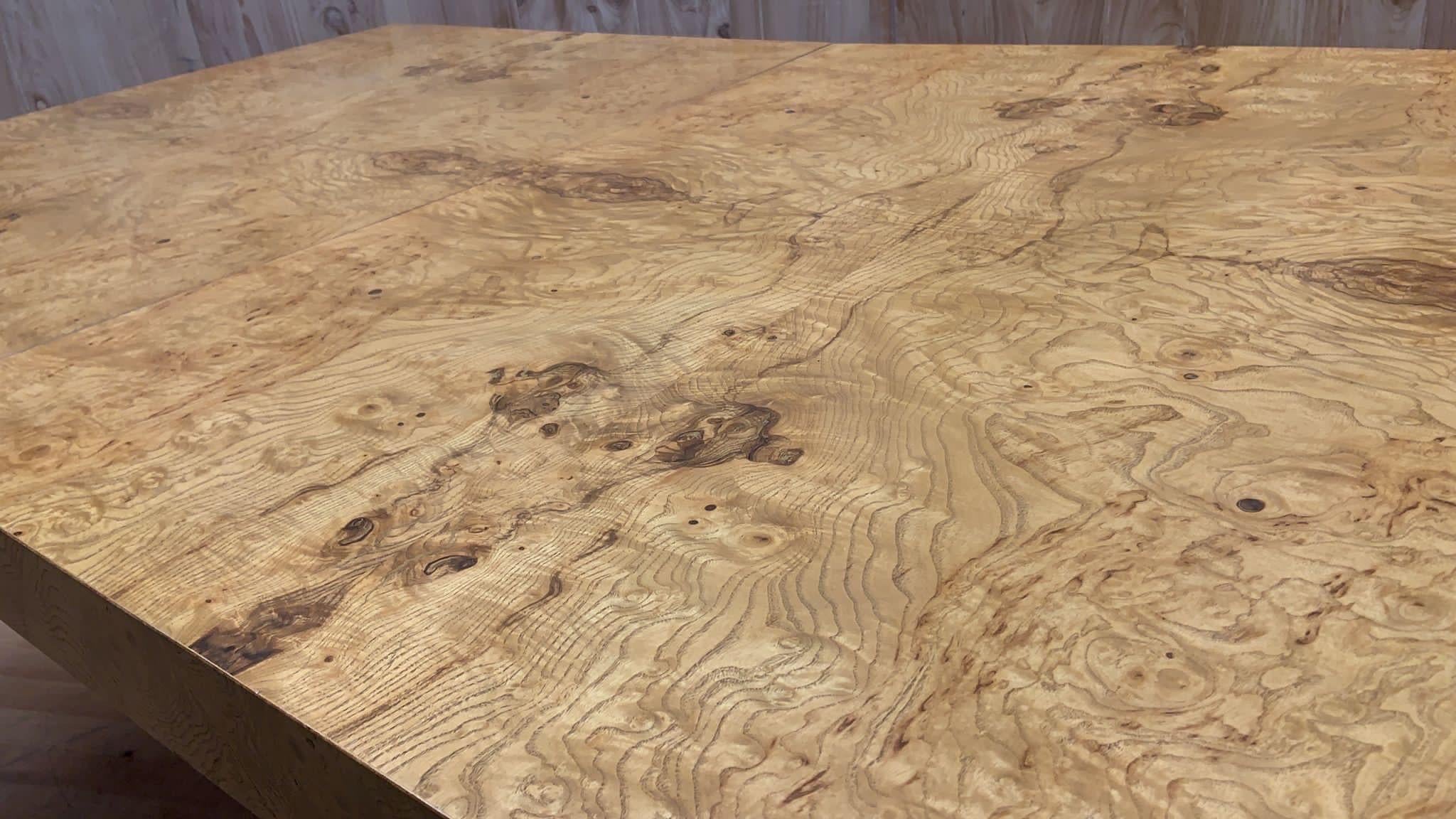 MCM Milo Baughman for Lane Furniture Burl-Wood Extending Parsons Dining Table In Good Condition For Sale In Chicago, IL