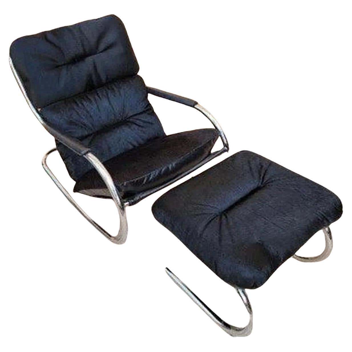 Mcm Spring Rocker MCM Milo Baughman Rocker and Ottoman Upholstered In Black Leather and ...