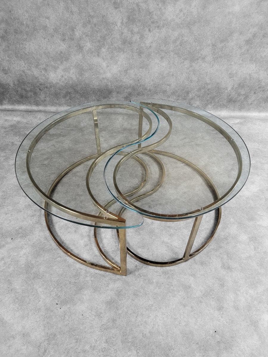 Unknown MCM Milo Baughman Style Brass Tear Drop Ying/Yang Coffee/Side Tables For Dia For Sale