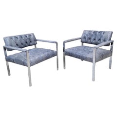 Mcm Milo Baughman Style Chrome Tufted Lounge Chairs Newly In Leather, Pair