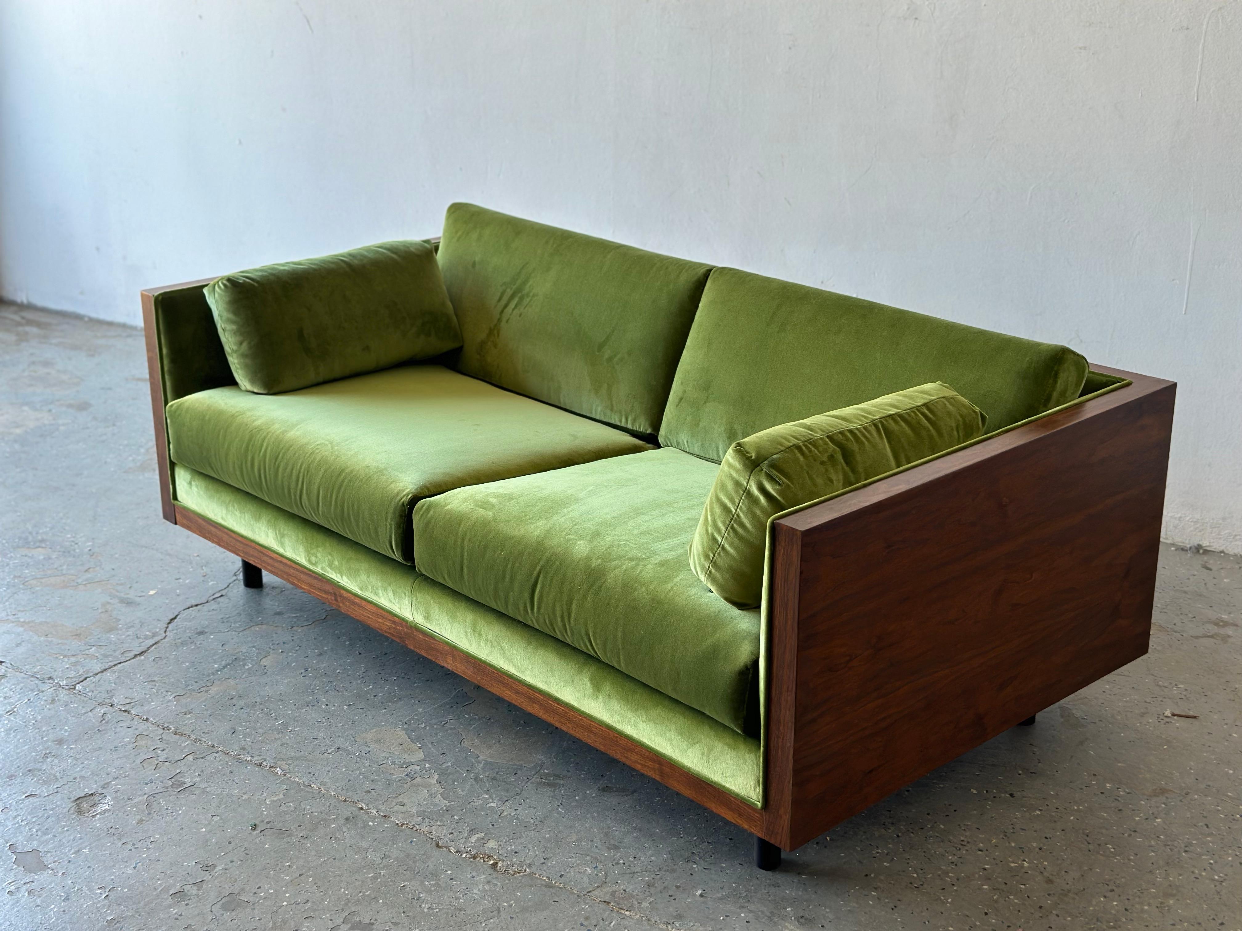 Mid-Century Modern MCM Milo Baughman Style Walnut Green Velvet Case Loveseat Sofa