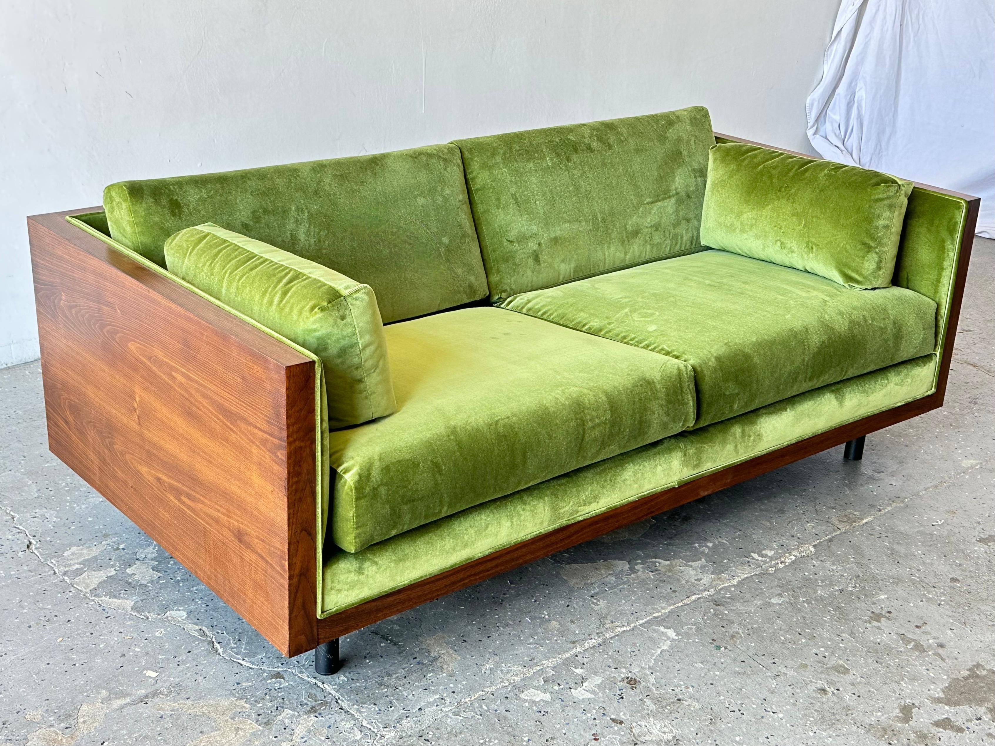 American MCM Milo Baughman Style Walnut Green Velvet Case Loveseat Sofa