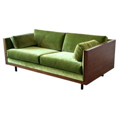MCM Milo Baughman Style Walnut Green Velvet Case Loveseat Sofa