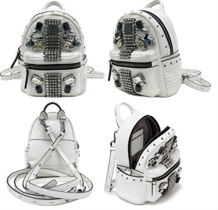 MCM Mini Swarovski Special 829mct15 White Leather Backpack For Sale at
