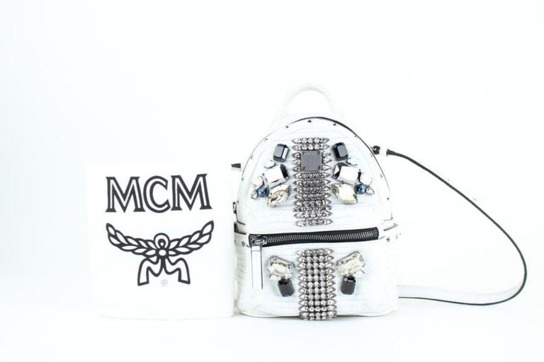 MCM Mini Swarovski Special 829mct15 White Leather Backpack For Sale at