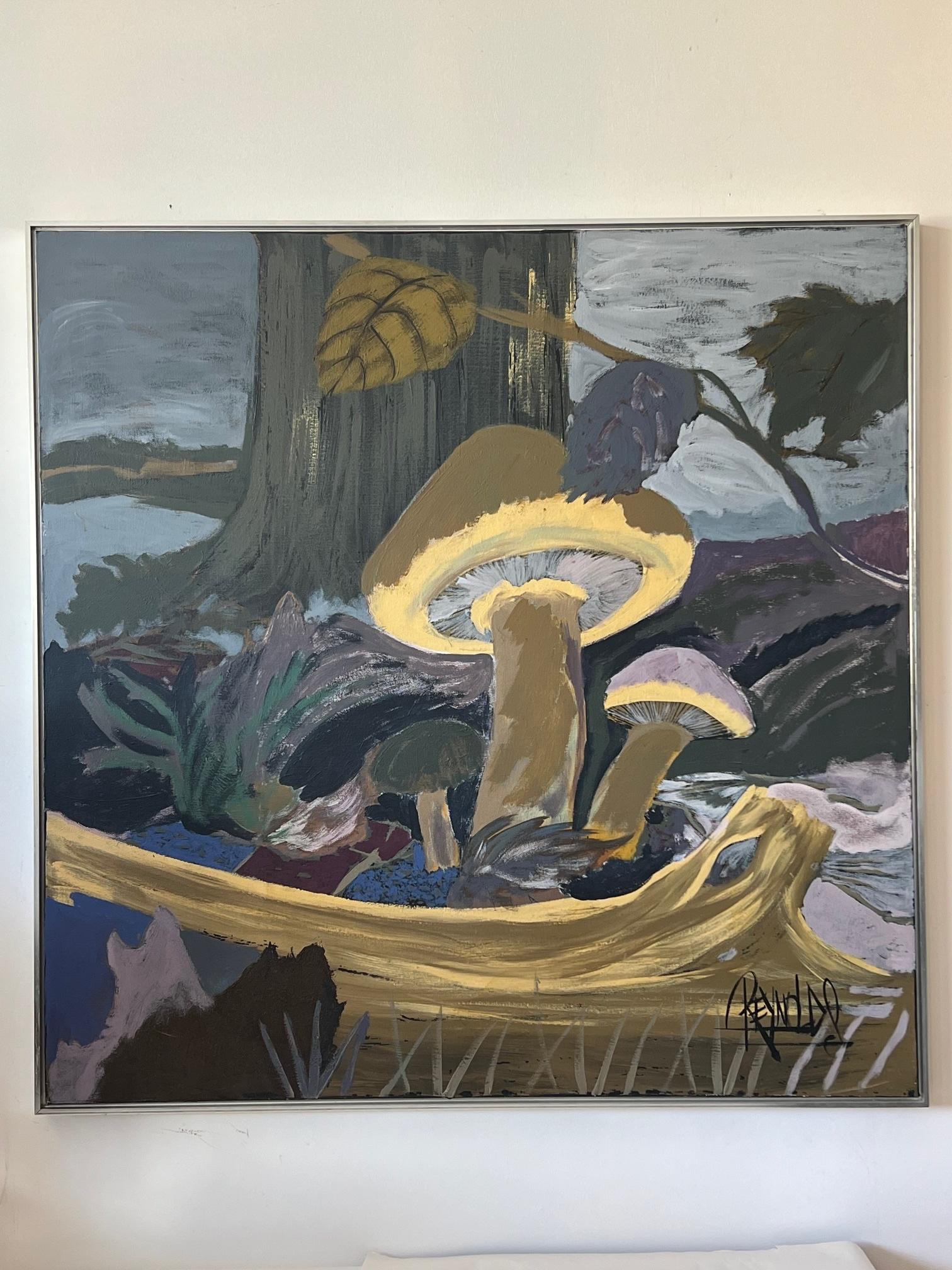 A funky 1960's mushroom/forrest scene by Lee Reynolds. Nicely done in dark greens/browns and framed in aluminium frame. Measures approx. 41