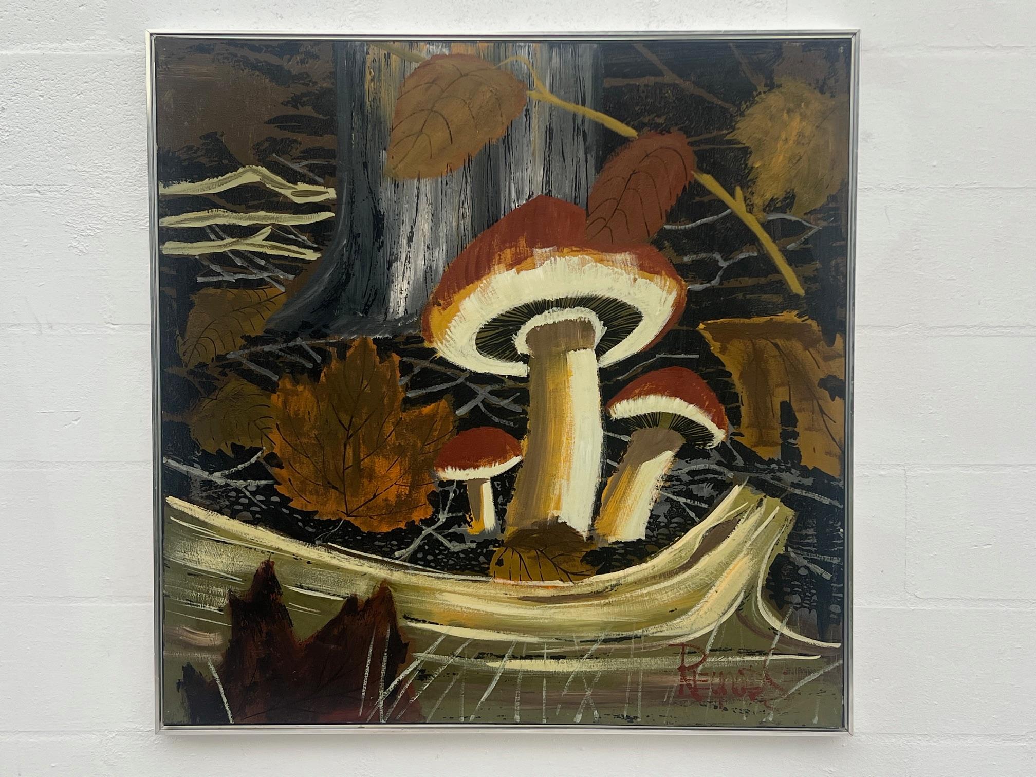 A funky 1960's mushroom/forrest scene by Lee Reynolds. Nicely done in dark greens/browns and framed in aluminium frame. Measures approx. 41