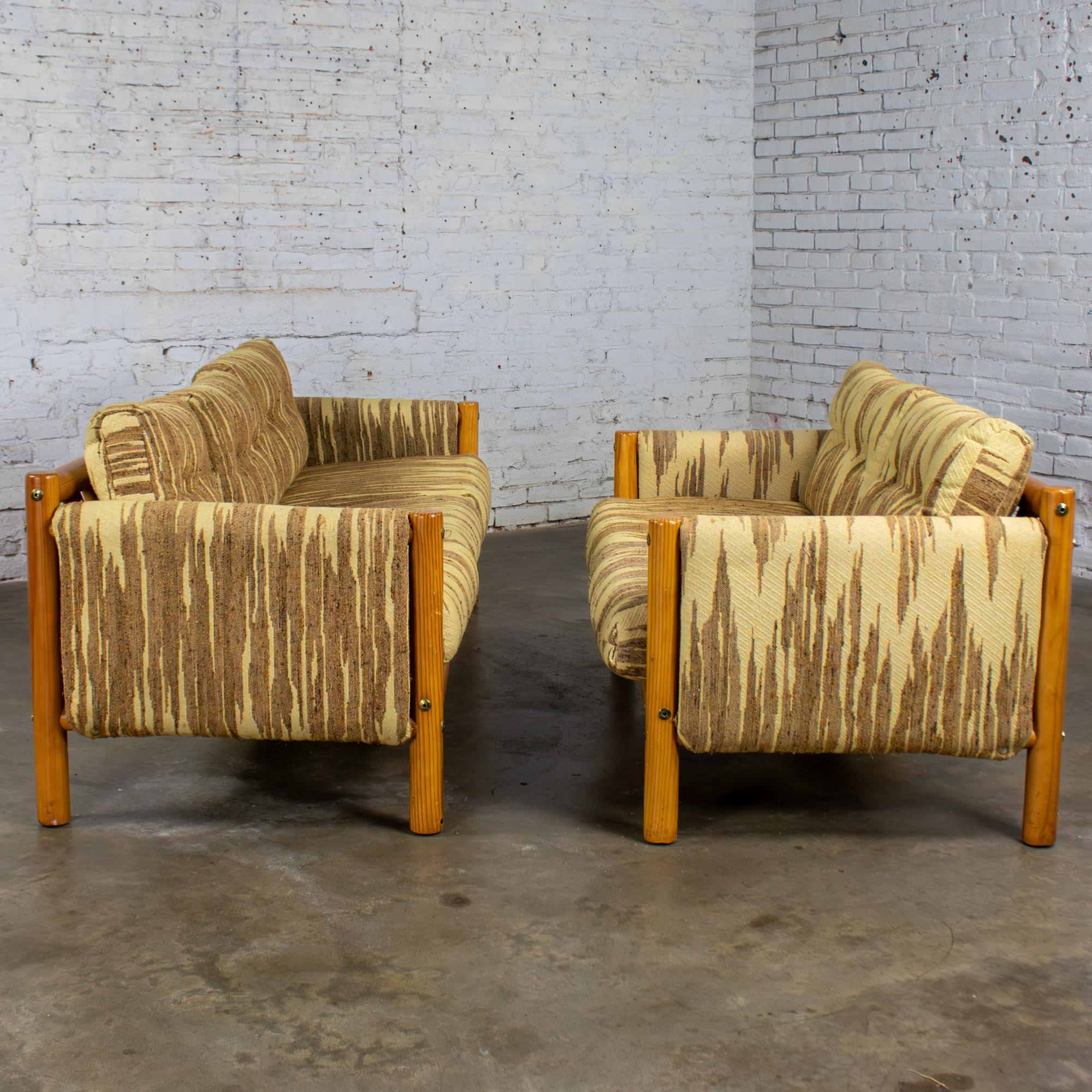 Organique MCM - Canapé et loveseat modernes Cadre en bois de pin Toile avec tissu à points de flamme en vente