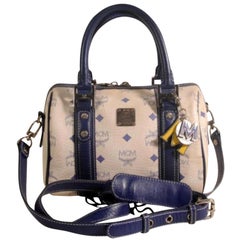MCM Monogram Visetos Boston with Strap 869504 White Coated Canvas Satchel
