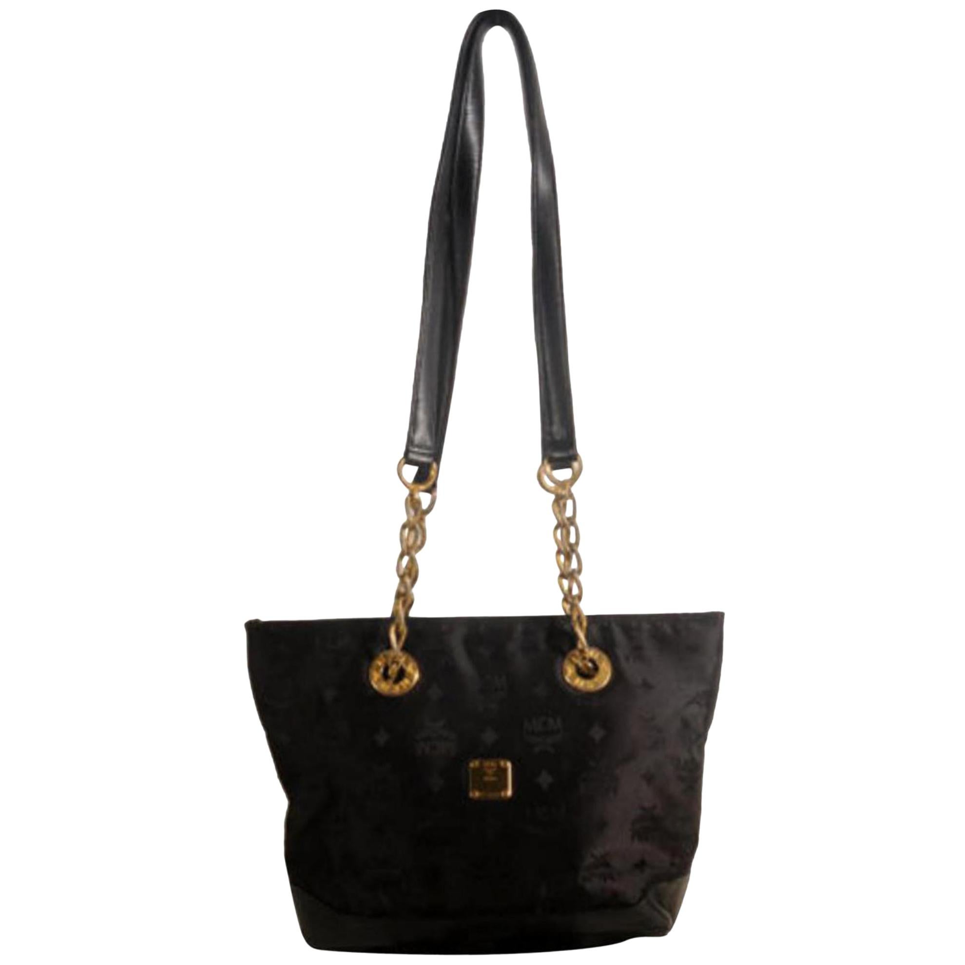 MCM Monogram Visetos Chain 868839 Black Nylon Tote For Sale
