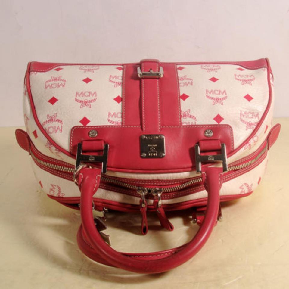 Women's MCM Monogram Visetos Dome Boston 868842 White Coated Canvas Satchel