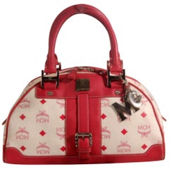 MCM Monogram Visetos Dome Boston 868842 White Coated Canvas Satchel