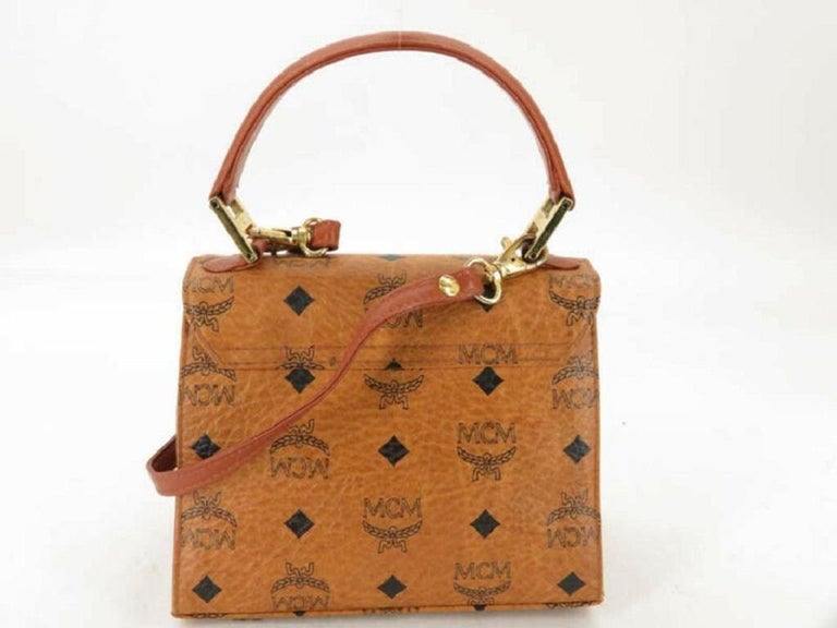 MCM Visetos Brown Monogram mini sac Boston Speedy Bag with crossbody strap  Caramel Leather ref.561317 - Joli Closet