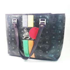 MCM Monogram Visetos Lion Shopper Tote 867550 Black Coated Canvas Shoulder Bag
