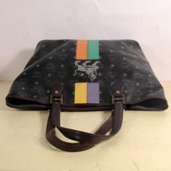 MCM Monogram Visetos Logo Lion Shopper Tote 869505 Black Leather Shoulder Bag