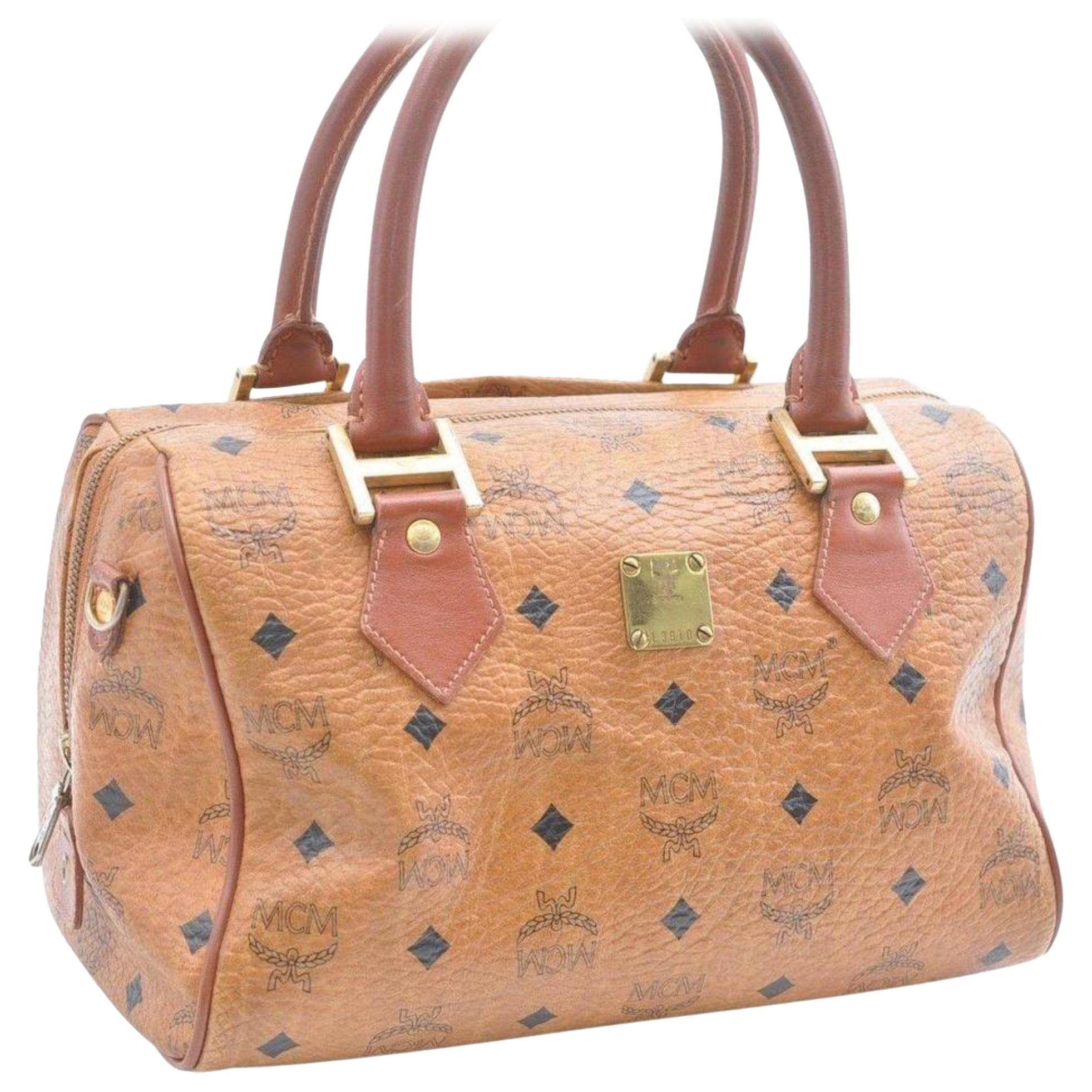 MCM Moogram Visetos Boston 866415 Orange Leather Satchel For Sale