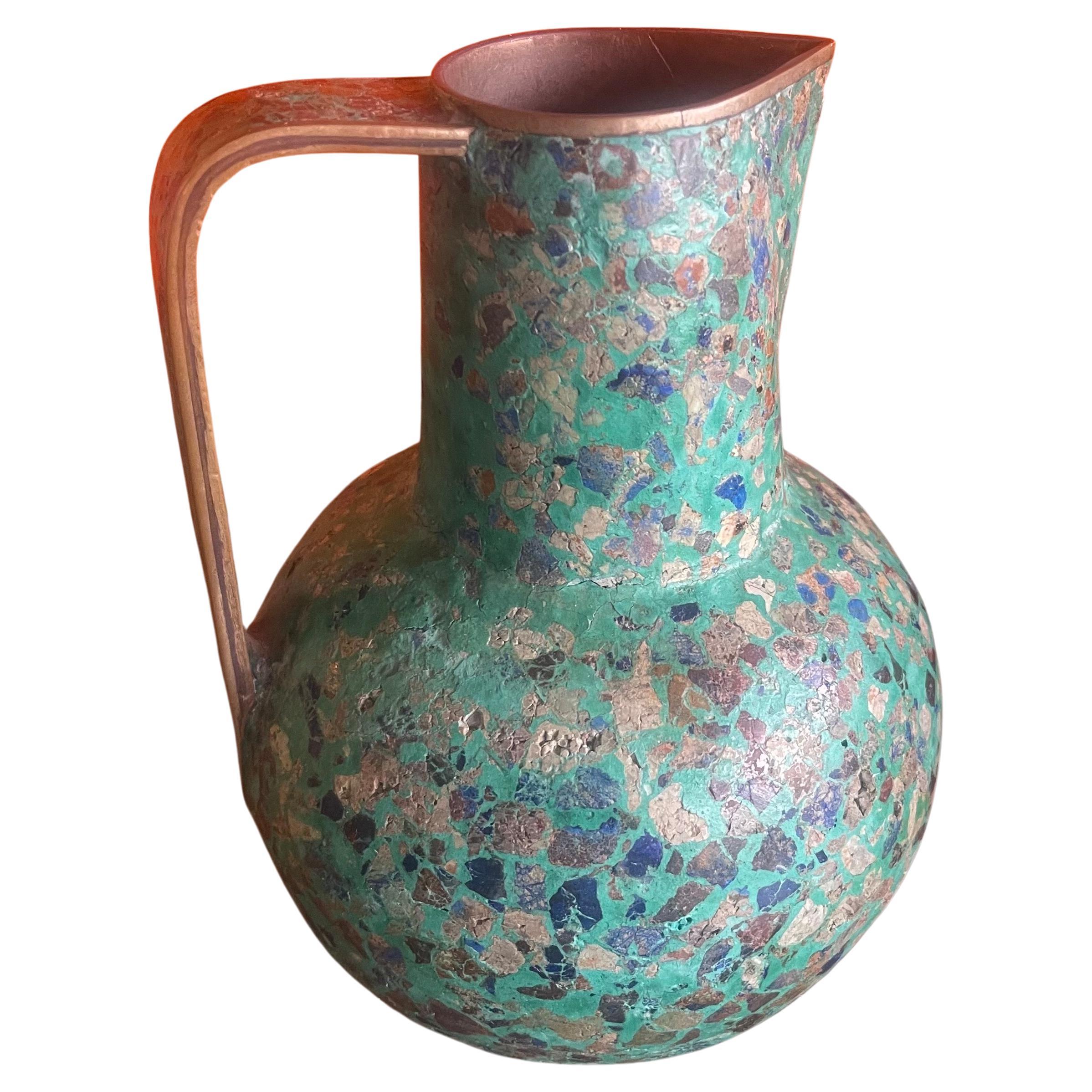 Mid-Century Modern MCM Multi-Colored Stone on Brass Ewer or Pitcher in the Style of Pepe Mendoza For Sale