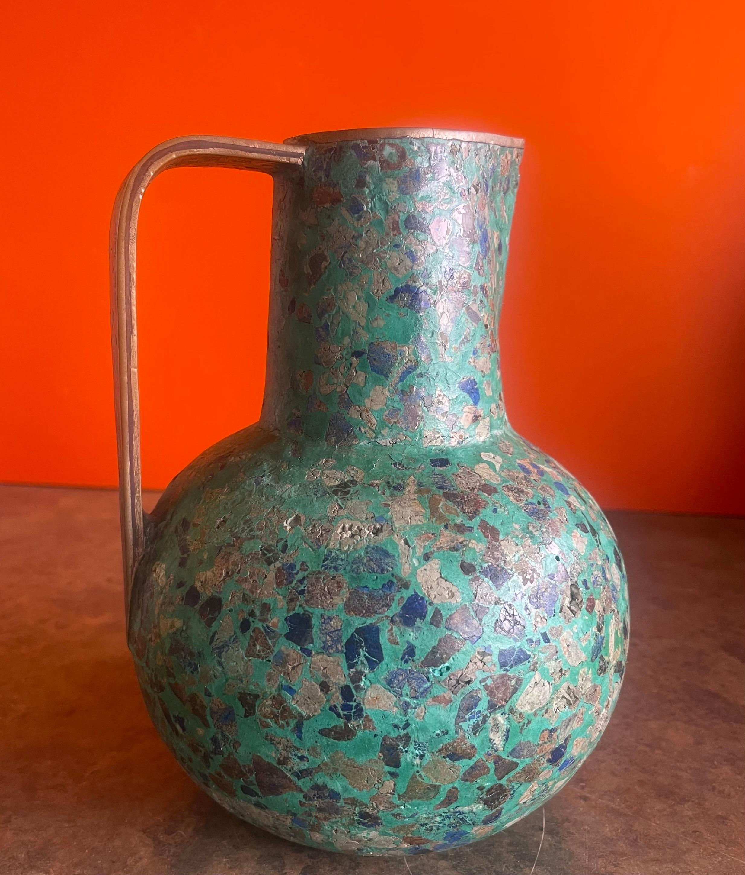 Mexican MCM Multi-Colored Stone on Brass Ewer or Pitcher in the Style of Pepe Mendoza For Sale