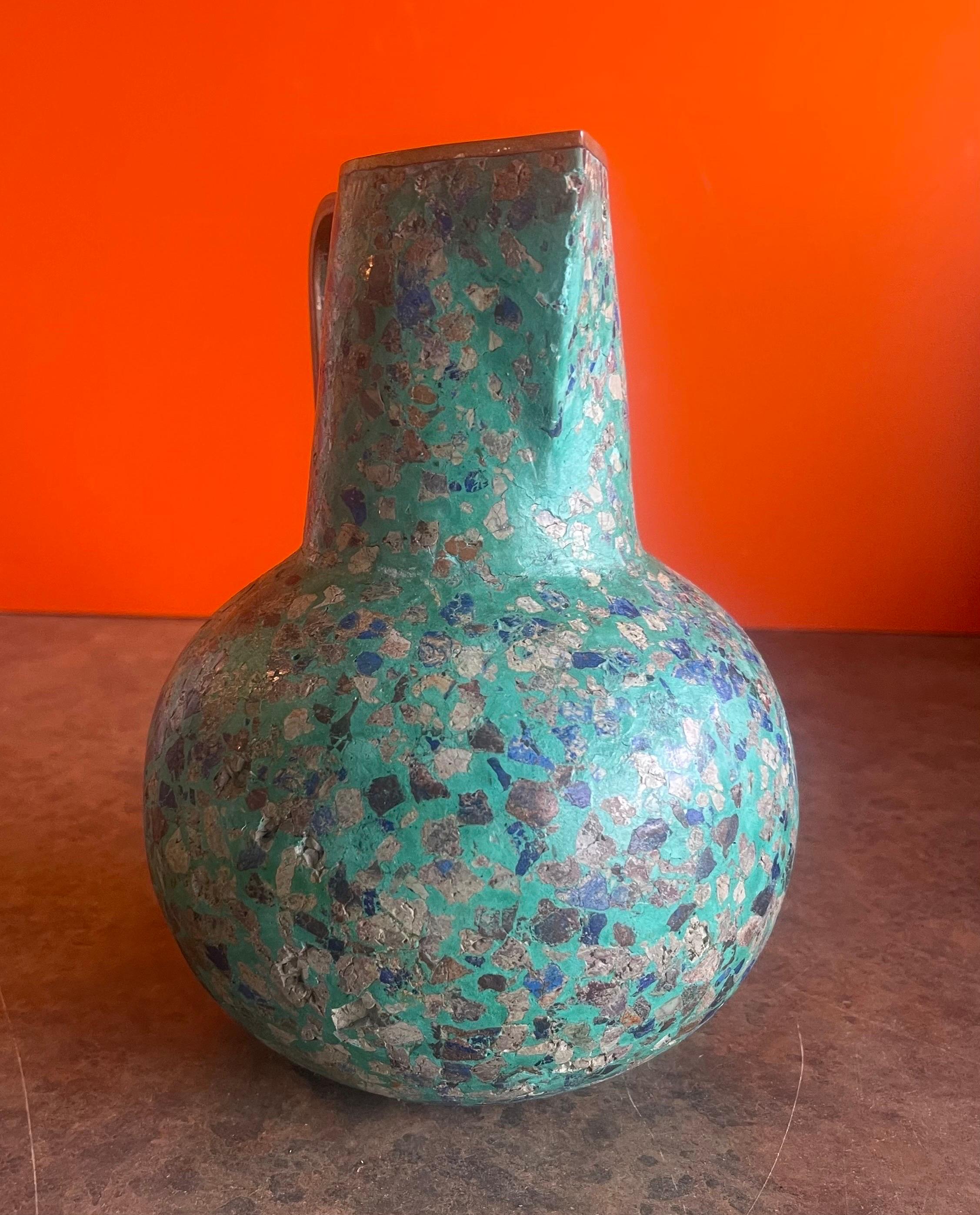 MCM Multi-Colored Stone on Brass Ewer or Pitcher in the Style of Pepe Mendoza In Fair Condition For Sale In San Diego, CA