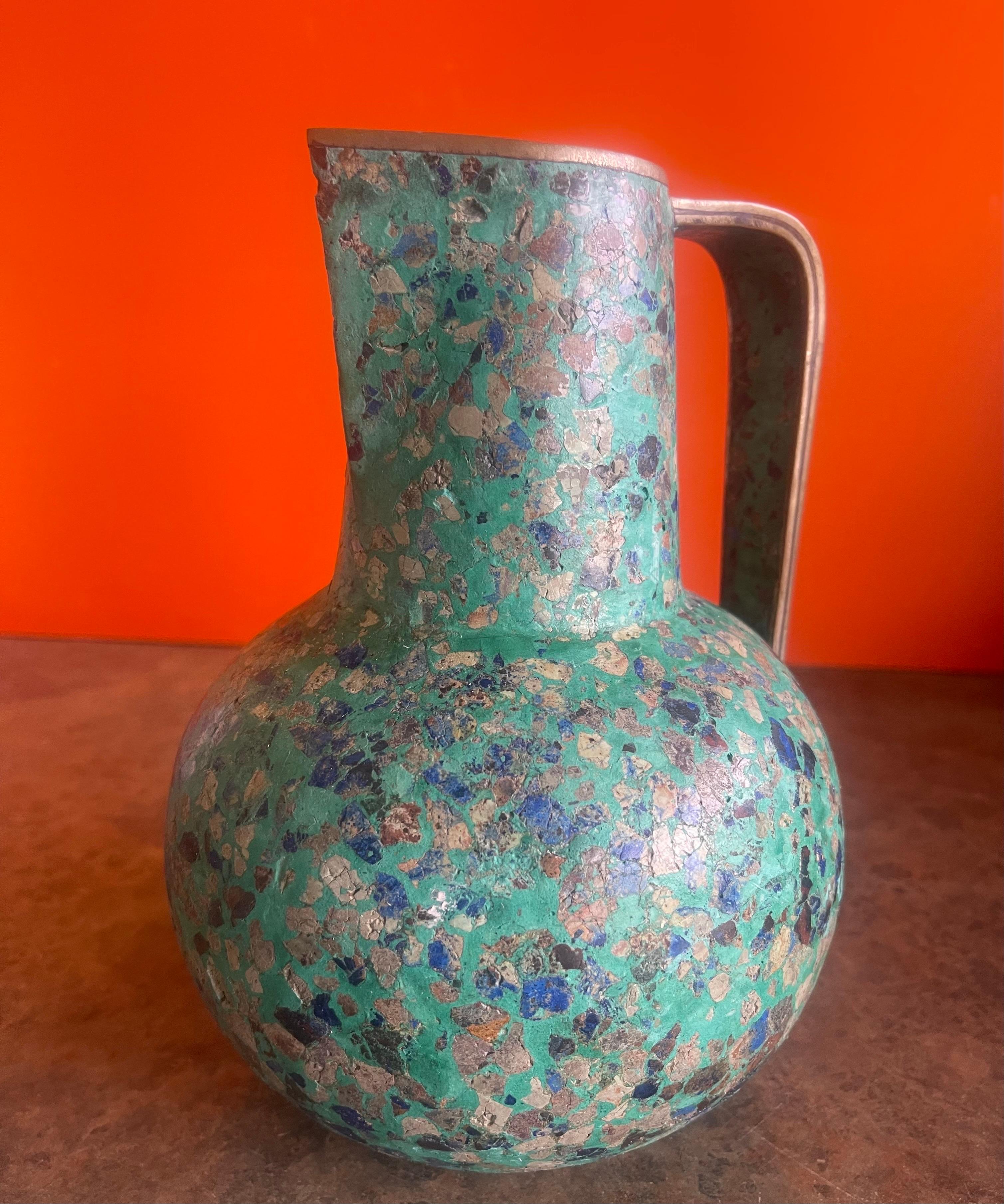 20th Century MCM Multi-Colored Stone on Brass Ewer or Pitcher in the Style of Pepe Mendoza For Sale