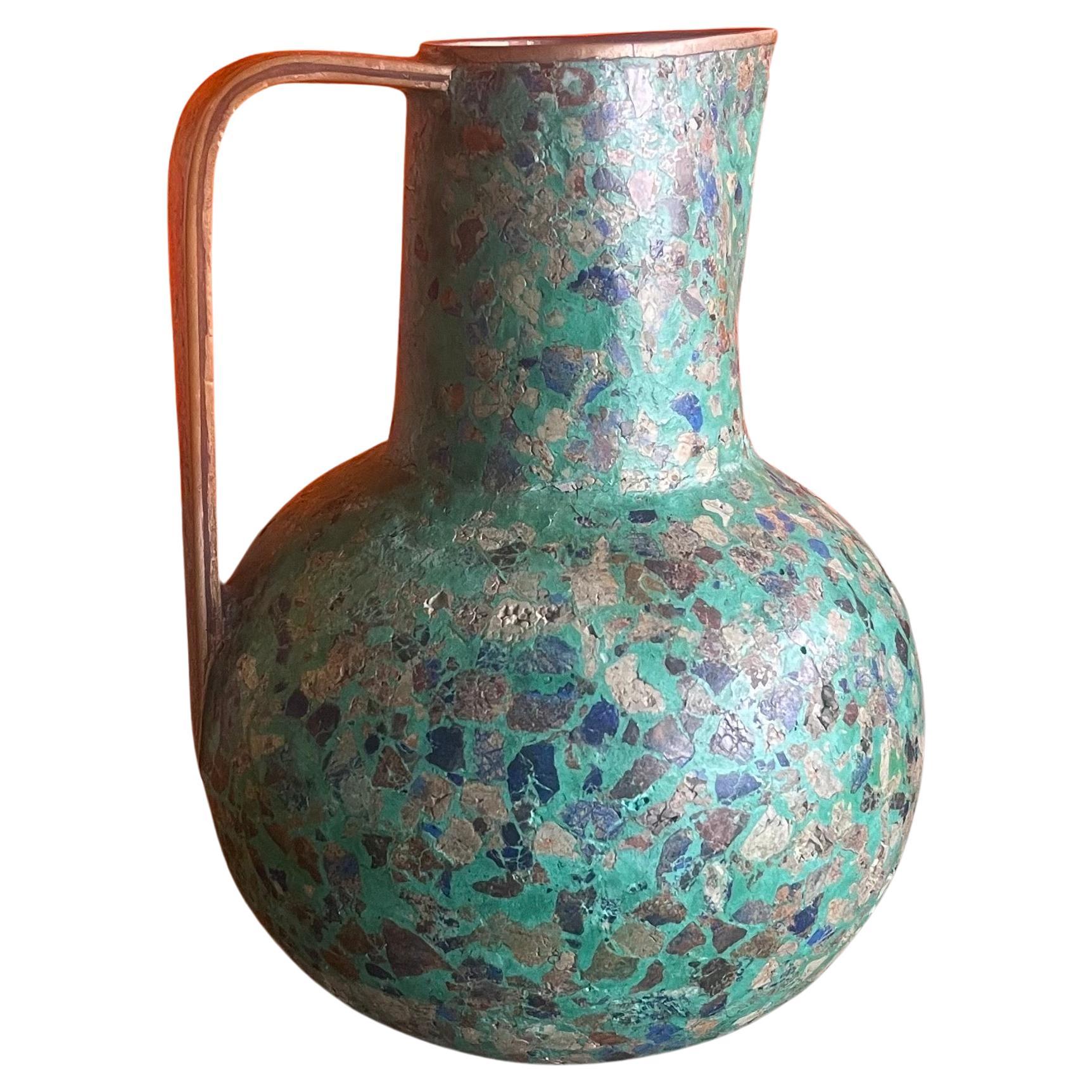 MCM Multi-Colored Stone on Brass Ewer or Pitcher in the Style of Pepe Mendoza