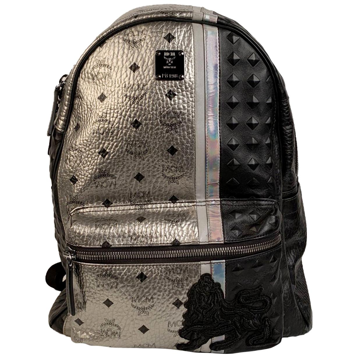 MCM Munchen Silver Black Visetos Studded Lion Stark Backpack Bag