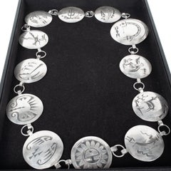 MCM Native American Navajo Silver Engraved Storyteller Concho Belt Willie Yazzie