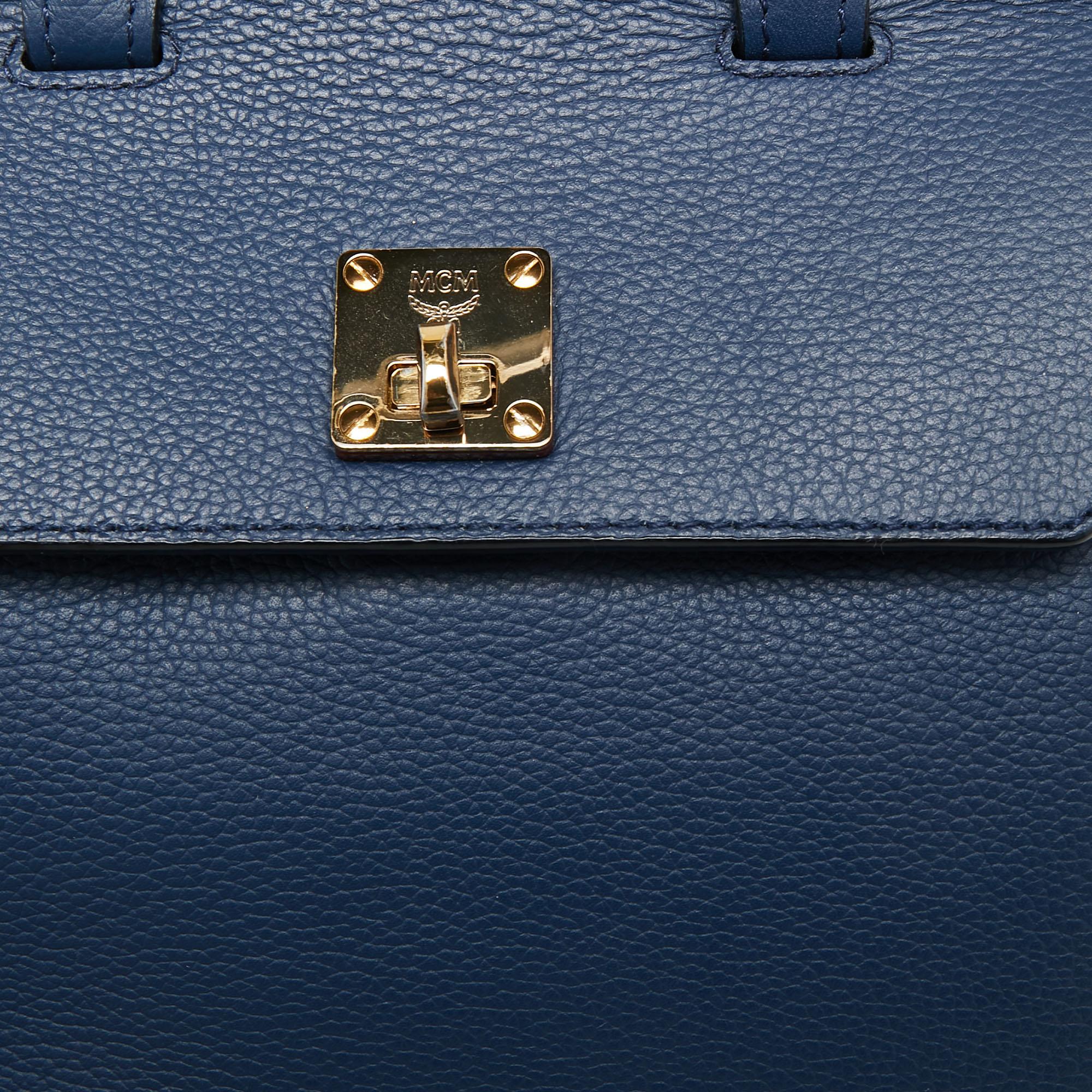 MCM Navy Blue Leather Milla Flap Top Handle Bag In Good Condition In Dubai, Al Qouz 2