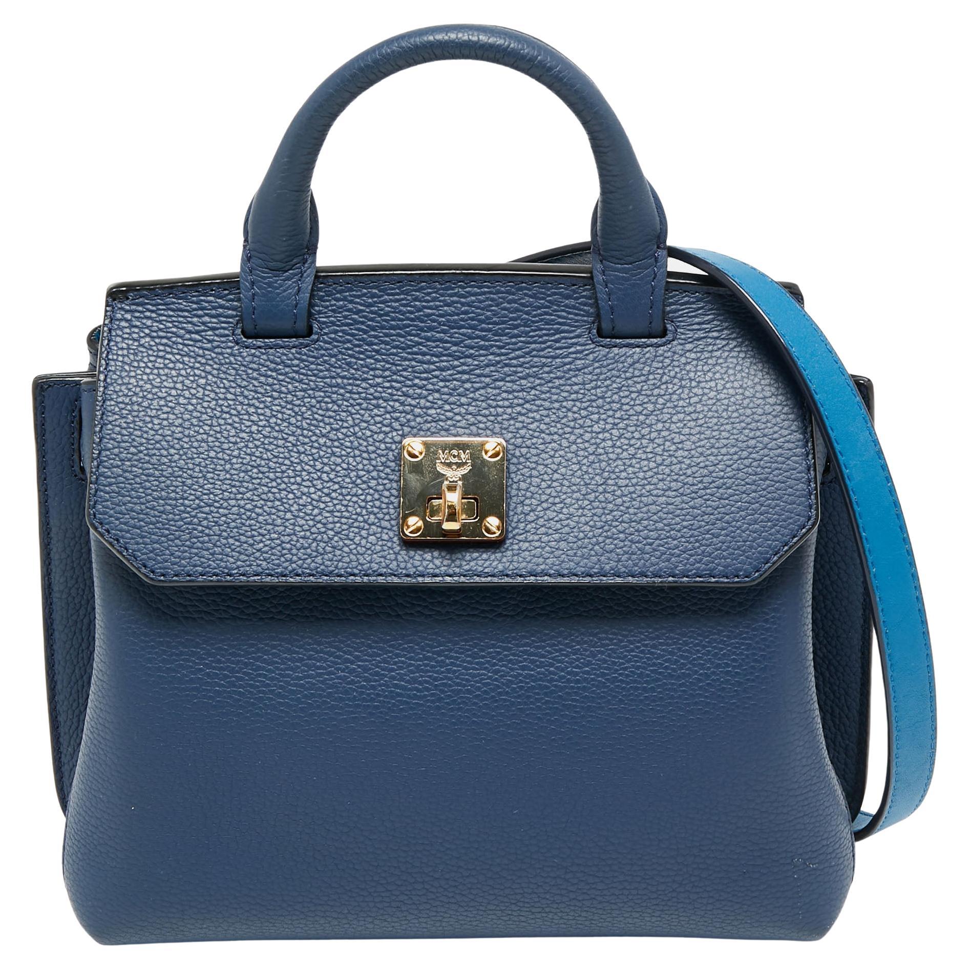 MCM Navy Blue Leather Milla Flap Top Handle Bag For Sale at 1stDibs