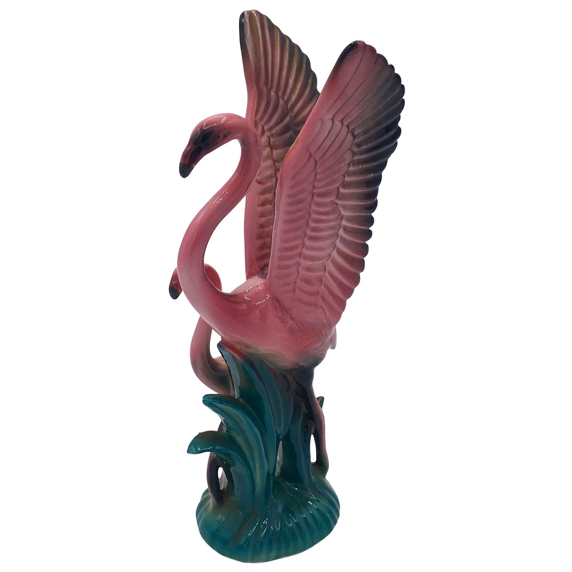 Mid-Century Modern MCM Open Wing Mother & Child Pink Flamingo Ceramic Tabletop Statue By Leftons For Sale
